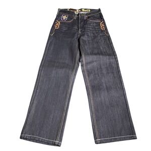 Rude Gold Jeans Embroidered Pockets Black Denim Straight Leg Pants Size 8